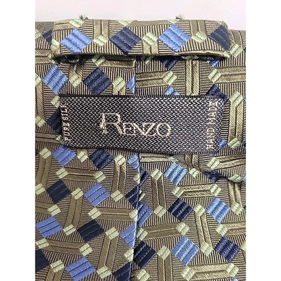 Renzo Men's 100% Silk Handmade Necktie Geometric Blue Navy Green EUC - Picture 6 of 8